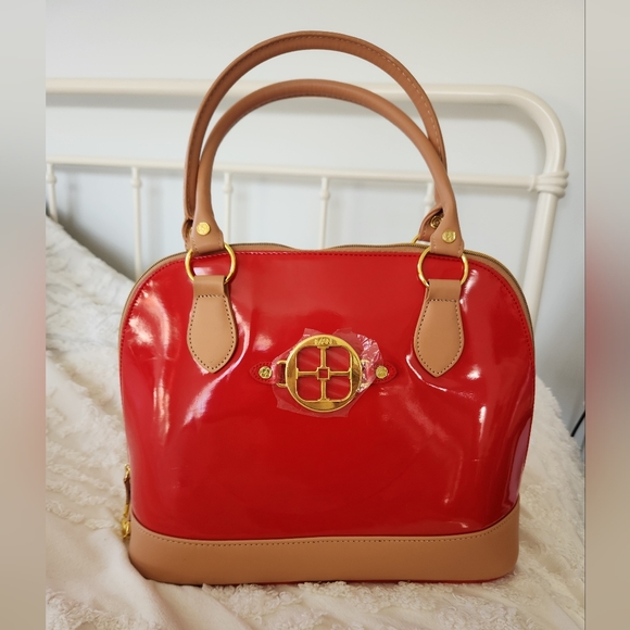 IMAN Handbags - NWT IMAN Brilliant Red and Tan Bag with extra strap.  Gold accents.